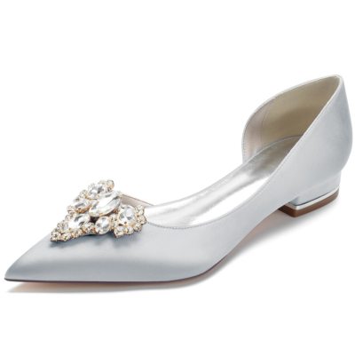 Chaussures plates de mariée en satin argenté avec bijoux, robes à enfiler, chaussures plates D'orsay