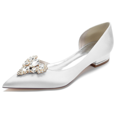 Chaussures plates de mariée en satin blanc avec bijoux, robes à enfiler, chaussures plates D'orsay