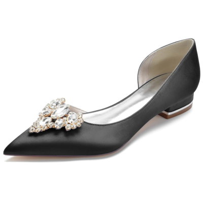 Chaussures plates de mariée en satin noir avec bijoux, robes à enfiler, chaussures plates D'orsay