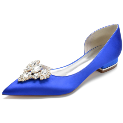 Chaussures plates de mariée en satin bleu royal avec bijoux, robes à enfiler, chaussures plates D'orsay