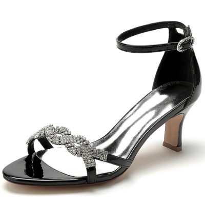 Sandales noires à bride torsadée ornées de bijoux, chaussures de soirée avec talons bas blocs