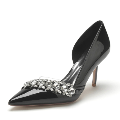 Chaussures D'Orsay ornées de bijoux noirs, talons de danse à bout pointu pour robe