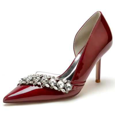 Chaussures D'Orsay ornées de bijoux bordeaux, talons de danse à bout pointu pour robe