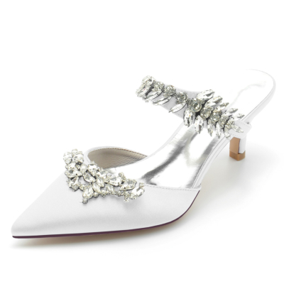 Blanc Jeweled Satin Kitten Heel Mules Chaussures Mariage Femmes Talons