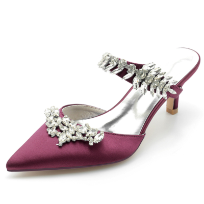 Bordeaux Jeweled Satin Kitten Heel Mules Chaussures Mariage Femmes Talons