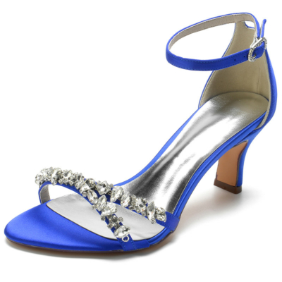 Chaussures de mariée en satin bleu royal avec bride à la cheville et talons moyens