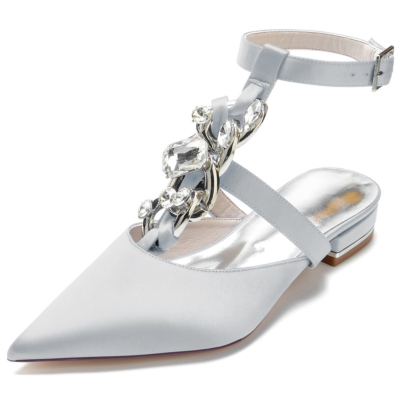Gris Jeweled T-Strap Bout Pointu Satin Appartements Strass Embellissements Chaussures Dos Nu