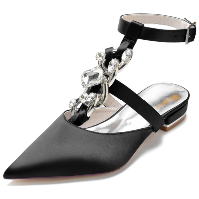 Noir Jeweled T-Strap Bout Pointu Satin Appartements Strass Embellissements Chaussures Dos Nu