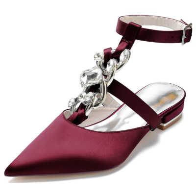 Bordeaux Jeweled T-Strap Bout Pointu Satin Appartements Strass Embellissements Chaussures Dos Nu