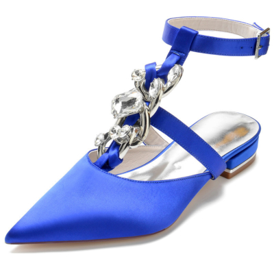 Bleu Royal Jeweled T-Strap Bout Pointu Satin Appartements Strass Embellissements Chaussures Dos Nu