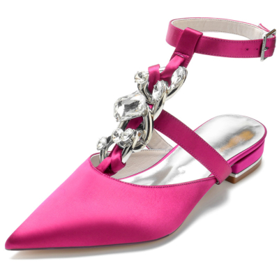 Magenta Jeweled T-Strap Bout Pointu Satin Appartements Strass Embellissements Chaussures Dos Nu