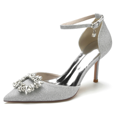 Chaussures de mariage scintillantes argentées à bout pointu et talon aiguille avec strass