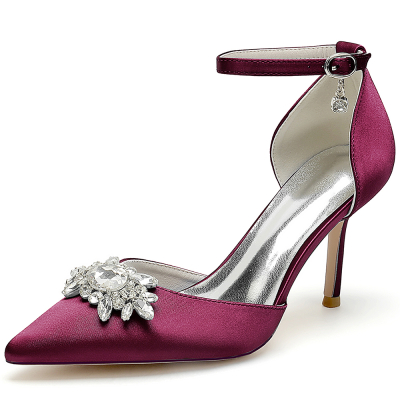 Burgundy Satin Pointed Toe Stiletto Heel Rhinestone Details Ankle Strap Wedding Shoes
