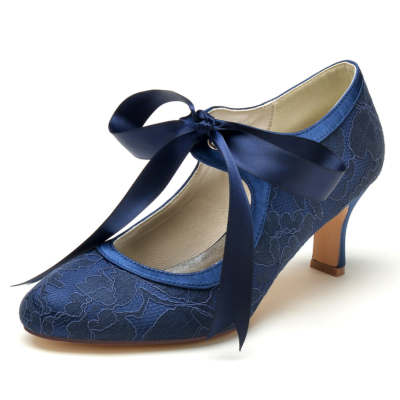 Chaussures de mariage à talons en dentelle bleu marine rétro pour femmes à lacets Alomond Toe Pumps