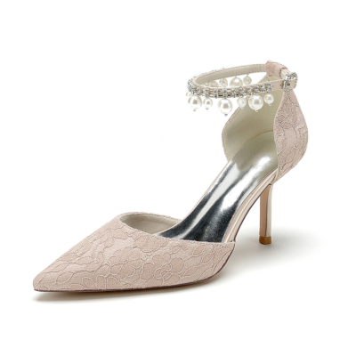 Escarpins en dentelle champagne D'orsay talons perle bride à la cheville Stiletto chaussures de mariée