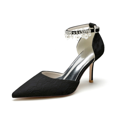 Escarpins en dentelle noire D'orsay à talons avec bride à la cheville, chaussures de mariée à talons aiguilles