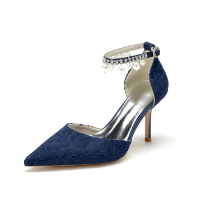Escarpins D'orsay en dentelle bleu marine à talons avec bride à la cheville et chaussures de mariée à talons aiguilles