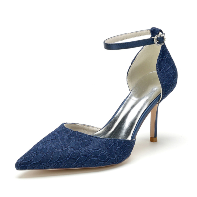 Escarpins D'orsay à fleurs en dentelle bleu marine Chaussures à bout pointu Robe à talons aiguilles
