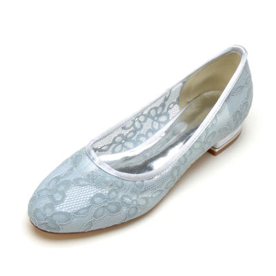 Fleurs en dentelle bleu clair évider chaussures de mariage plates à bout rond