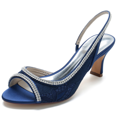 Sandales à bride arrière en dentelle bleu marine avec strass et bout ouvert