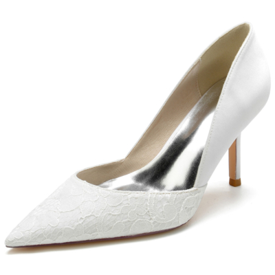 Blanc Lace&Satin Side V Vamp Pumps Chaussures à talons aiguilles pour le mariage