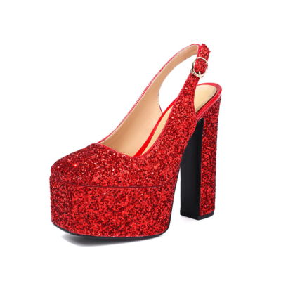 Chaussures à paillettes rouges à lacets et plateforme à talons épais