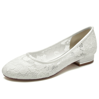 Chaussures de mariée à bout rond plat en dentelle blanche ivoire