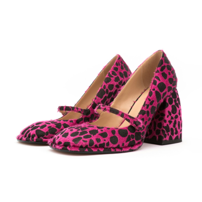 Escarpins Mary Jane à talons épais et à imprimé léopard magenta, chaussures habillées en fausse fourrure à bout carré