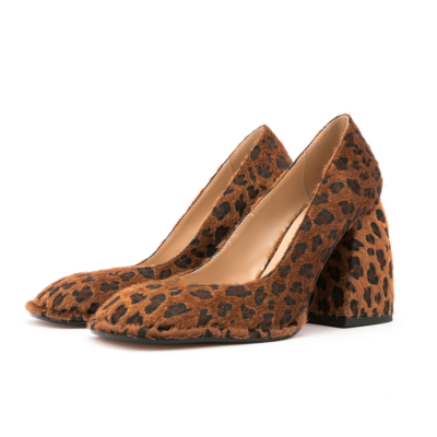 Escarpins à talons hauts épais en fausse fourrure à imprimé léopard marron Chaussures à talons confortables