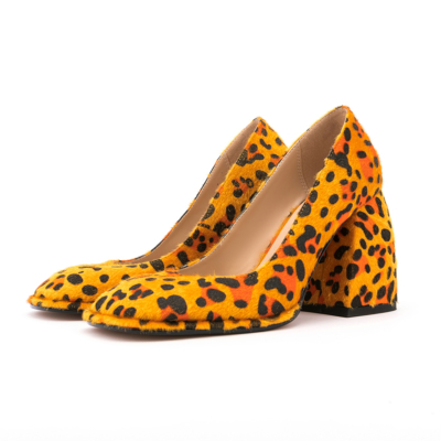Escarpins à talons hauts épais en fausse fourrure à imprimé léopard jaune Chaussures à talons confortables