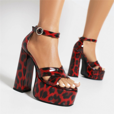 Sandales à plateforme à talons épais imprimé léopard rouge, chaussures avec bride à la cheville
