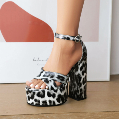 Sandales à plateforme à talons épais imprimé léopard noir et blanc, bride à la cheville, chaussures habillées