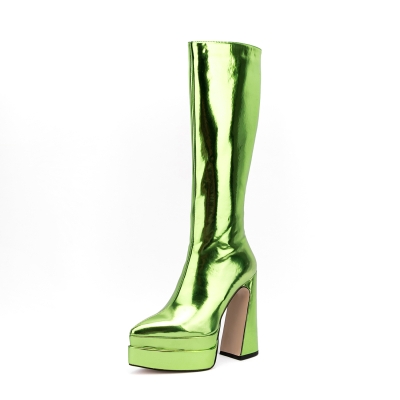 Bottes hautes au genou à talon compensé et bout pointu de couleur verte métallisée brillante