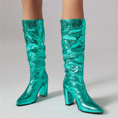 Bottes souples métallisées vert cyan, talons épais, bottes hautes imprimées serpent