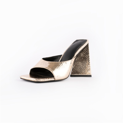 Sandales en relief serpent doré métallisé Talons épais Chaussures à glissière Bout carré