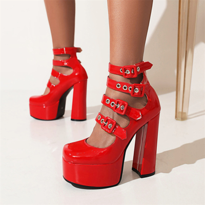 Chaussures habillées rouges à plateforme multi-sangle Mary Janes à talons épais et boucle à bout en amande