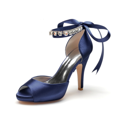 Chaussures de mariage à bout ouvert bleu marine avec bride à la cheville, sandales à plateforme et talon aiguille