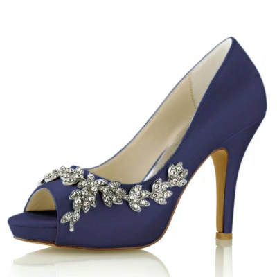 Chaussures de mariage à bout ouvert en satin bleu marine Strass Fleurs Escarpins à plateforme à talon aiguille