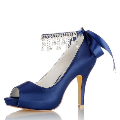 Chaussures de mariage peep toe en satin bleu marine avec bride à la cheville, escarpins à plateforme et talon aiguille
