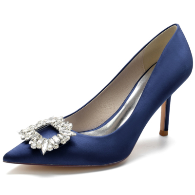 Chaussures de mariage en satin bleu marine Escarpins à talons aiguilles et bouts pointus
