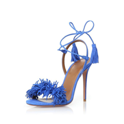 Sandales Bleues à Talons Aiguilles à Lacets Chaussures à Franges à La Mode.