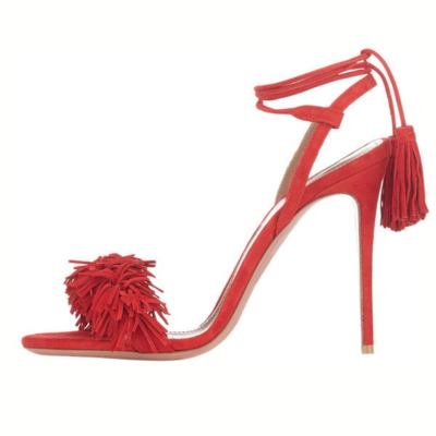Sandales Rouges à Talons Aiguilles à Lacets Chaussures à Franges à La Mode.