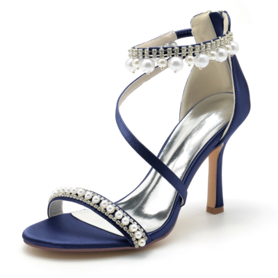 Sandales à bride cheville à bout ouvert bleu marine avec perles et strass Chaussures de mariage à talon aiguille