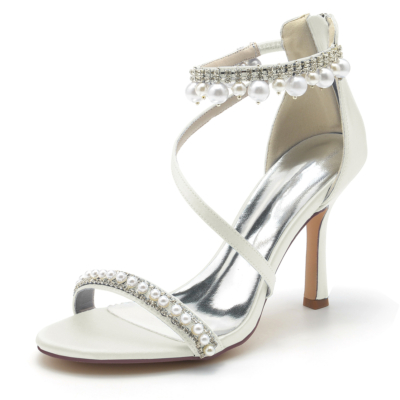 Ivoire blanc bout ouvert perle et strass bride à la cheville sandales chaussures de mariage