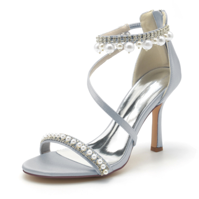 Sandales à bride cheville argentées à bout ouvert avec perles et strass Chaussures de mariage à talon aiguille