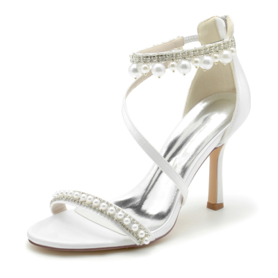 Sandales à bride cheville blanches à bout ouvert avec perles et strass Chaussures de mariage à talon aiguille