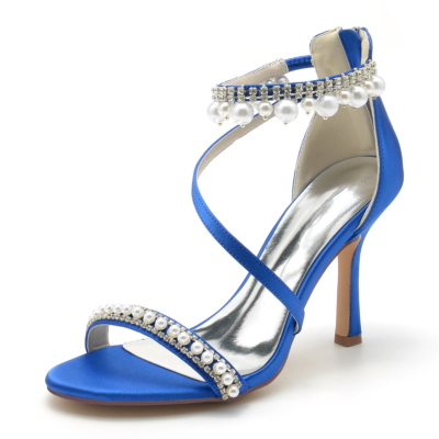 Sandales à bride de cheville bleu royal à bout ouvert avec perles et strass Chaussures de mariage à talon aiguille