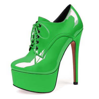 Bottines à plateforme en cuir verni vert, lacets, talons aiguilles de 16 cm