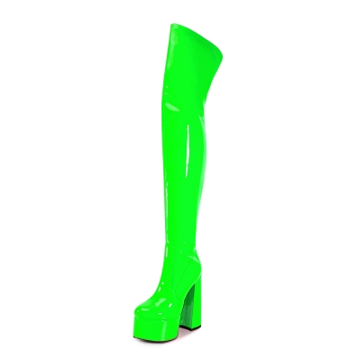 Bottes cuissardes à bout rond en cuir verni vert, à plateforme et talon épais