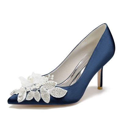 Navy Pearl and Rhinestone Pointed Toe Stiletto Heel Pumps Wedding Shoes